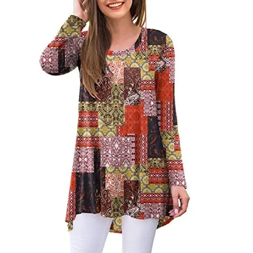 AWULIFFAN Women's Casual Round Neck Long Sleeve Loose Tunic T-Shirt Blouse Tops - 1