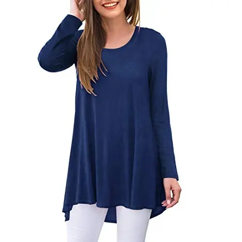 AWULIFFAN Women's Casual Round Neck Long Sleeve Loose Tunic T-Shirt Blouse Tops - 1
