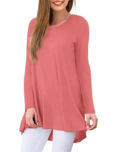 AWULIFFAN Women's Casual Round Neck Long Sleeve Loose Tunic T-Shirt Blouse Tops - 2