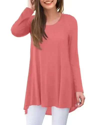 AWULIFFAN Women's Casual Round Neck Long Sleeve Loose Tunic T-Shirt Blouse Tops - 1