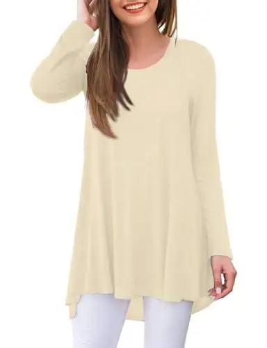 AWULIFFAN Women's Casual Round Neck Long Sleeve Loose Tunic T-Shirt Blouse Tops - 1