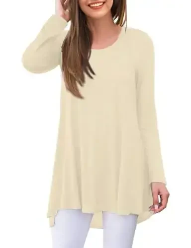 AWULIFFAN Women's Casual Round Neck Long Sleeve Loose Tunic T-Shirt Blouse Tops - MODAZONE