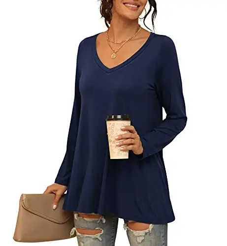 AWULIFFAN Women's Casual Round Neck Long Sleeve Loose Tunic T-Shirt Blouse Tops - 2