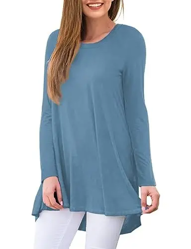 AWULIFFAN Women's Casual Round Neck Long Sleeve Loose Tunic T-Shirt Blouse Tops - 2