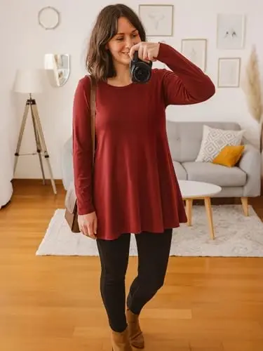 AWULIFFAN Women's Casual Round Neck Long Sleeve Loose Tunic T-Shirt Blouse Tops - 5