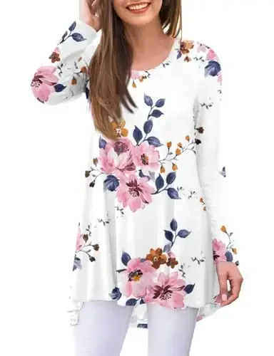 AWULIFFAN Women's Casual Round Neck Long Sleeve Loose Tunic T-Shirt Blouse Tops - 1