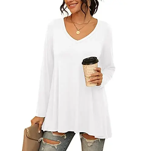 AWULIFFAN Women's Casual Round Neck Long Sleeve Loose Tunic T-Shirt Blouse Tops - 1