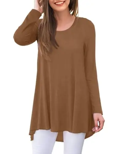 AWULIFFAN Women's Casual Round Neck Long Sleeve Loose Tunic T-Shirt Blouse Tops - 1