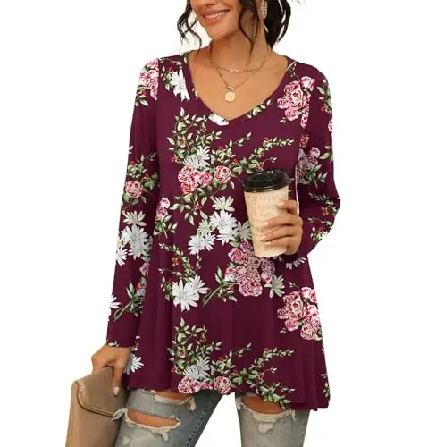 AWULIFFAN Women's Casual Round Neck Long Sleeve Loose Tunic T-Shirt Blouse Tops - MODAZONE