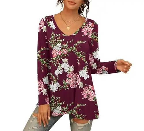 AWULIFFAN Women's Casual Round Neck Long Sleeve Loose Tunic T-Shirt Blouse Tops - 4