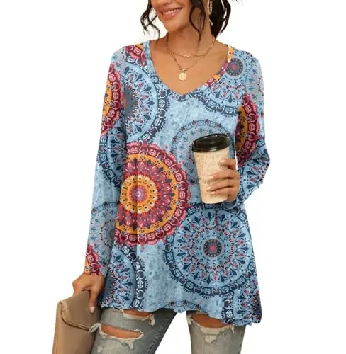 AWULIFFAN Women's Casual Round Neck Long Sleeve Loose Tunic T-Shirt Blouse Tops - 1