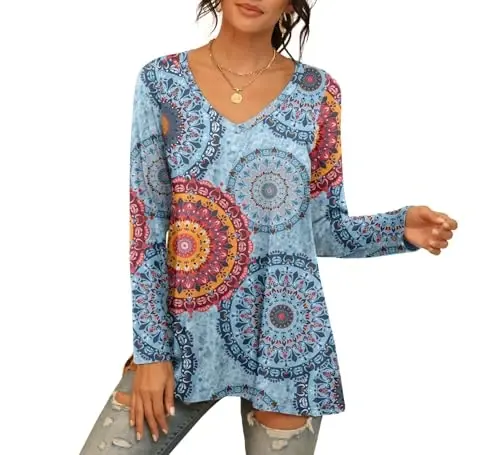 AWULIFFAN Women's Casual Round Neck Long Sleeve Loose Tunic T-Shirt Blouse Tops - 4