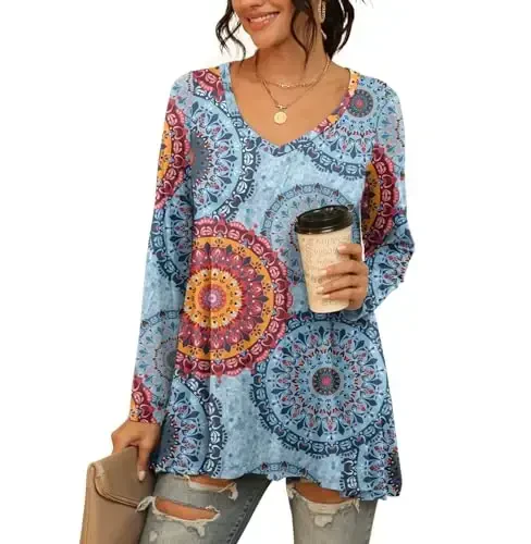 AWULIFFAN Women's Casual Round Neck Long Sleeve Loose Tunic T-Shirt Blouse Tops - MODAZONE