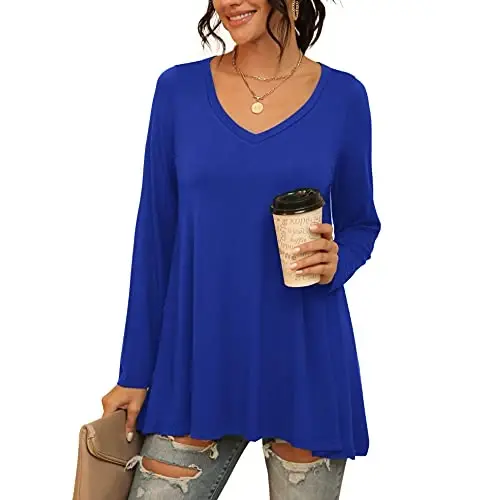 AWULIFFAN Women's Casual Round Neck Long Sleeve Loose Tunic T-Shirt Blouse Tops - MODAZONE