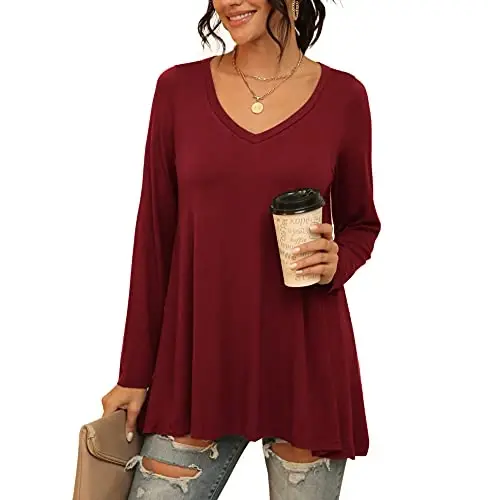 AWULIFFAN Women's Casual Round Neck Long Sleeve Loose Tunic T-Shirt Blouse Tops - 1
