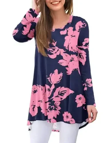 AWULIFFAN Women's Casual Round Neck Long Sleeve Loose Tunic T-Shirt Blouse Tops 