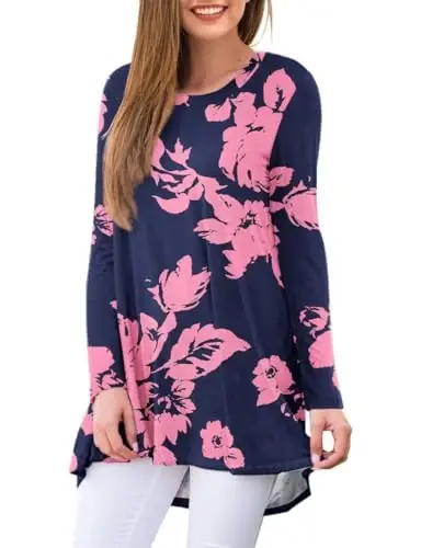 AWULIFFAN Women's Casual Round Neck Long Sleeve Loose Tunic T-Shirt Blouse Tops - 2