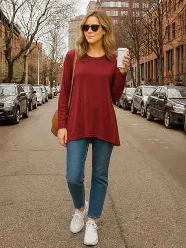 AWULIFFAN Women's Casual Round Neck Long Sleeve Loose Tunic T-Shirt Blouse Tops - 4