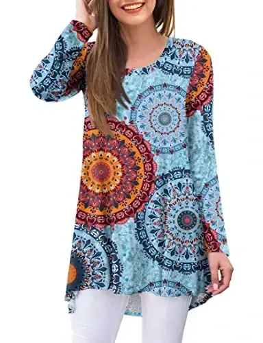 AWULIFFAN Women's Casual Round Neck Long Sleeve Loose Tunic T-Shirt Blouse Tops 