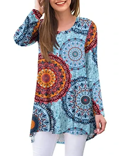 AWULIFFAN Women's Casual Round Neck Long Sleeve Loose Tunic T-Shirt Blouse Tops - 1