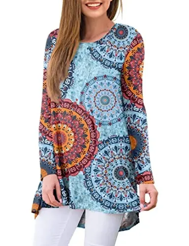 AWULIFFAN Women's Casual Round Neck Long Sleeve Loose Tunic T-Shirt Blouse Tops - 2