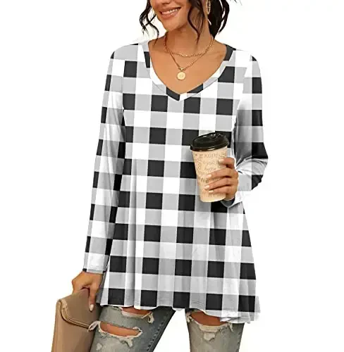 AWULIFFAN Women's Casual Round Neck Long Sleeve Loose Tunic T-Shirt Blouse Tops 