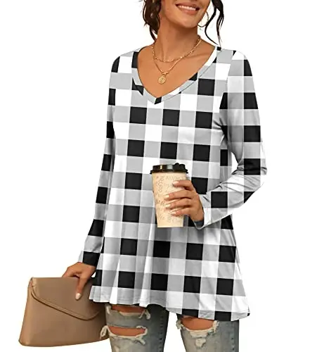 AWULIFFAN Women's Casual Round Neck Long Sleeve Loose Tunic T-Shirt Blouse Tops - 2