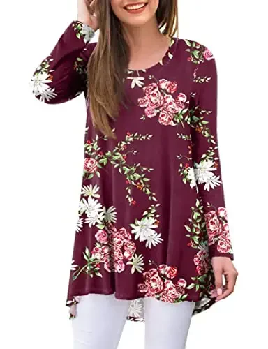AWULIFFAN Women's Casual Round Neck Long Sleeve Loose Tunic T-Shirt Blouse Tops - AWULIFFAN