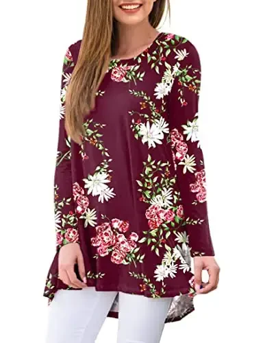 AWULIFFAN Women's Casual Round Neck Long Sleeve Loose Tunic T-Shirt Blouse Tops - AWULIFFAN (1)