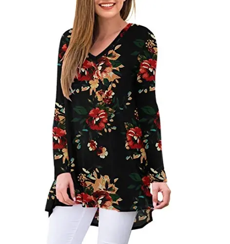 AWULIFFAN Women's Fall Long Sleeve V-Neck T-Shirt Sleepwear Tunic Tops Blouse Shirts - AWULIFFAN (1)