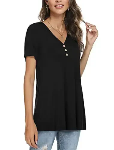 AWULIFFAN Womens Summer Short Sleeve Tunic Tops Loose Fit Casual T-Shirt Button Up Blouses - AWULIFFAN (1)