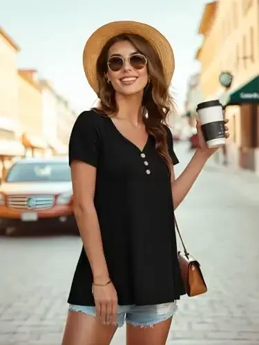 AWULIFFAN Womens Summer Short Sleeve Tunic Tops Loose Fit Casual T-Shirt Button Up Blouses - 4