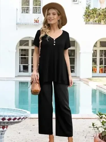 AWULIFFAN Womens Summer Short Sleeve Tunic Tops Loose Fit Casual T-Shirt Button Up Blouses - 5