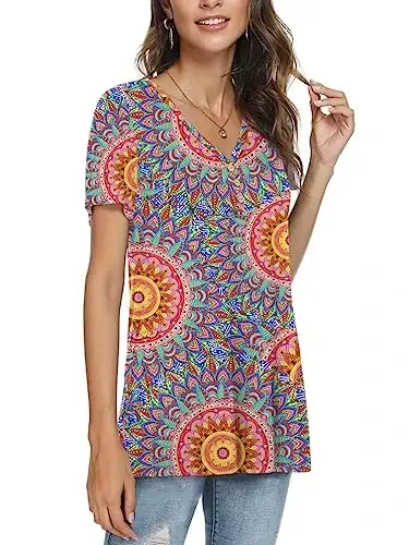 AWULIFFAN Womens Summer Short Sleeve Tunic Tops Loose Fit Casual T-Shirt Button Up Blouses - MODAZONE (1)