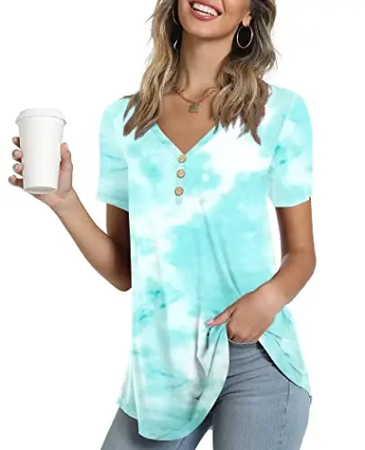 AWULIFFAN Womens Summer Short Sleeve Tunic Tops Loose Fit Casual T-Shirt Button Up Blouses - 1