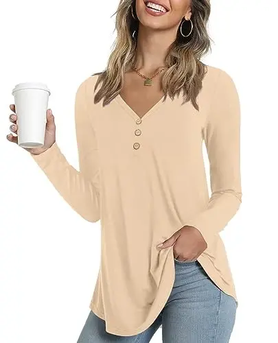 AWULIFFAN Womens Summer Short Sleeve Tunic Tops Loose Fit Casual T-Shirt Button Up Blouses - 1