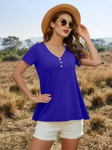 AWULIFFAN Womens Summer Short Sleeve Tunic Tops Loose Fit Casual T-Shirt Button Up Blouses - 6