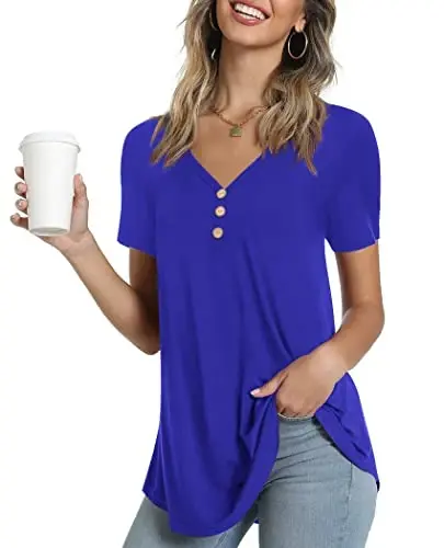 AWULIFFAN Womens Summer Short Sleeve Tunic Tops Loose Fit Casual T-Shirt Button Up Blouses - MODAZONE