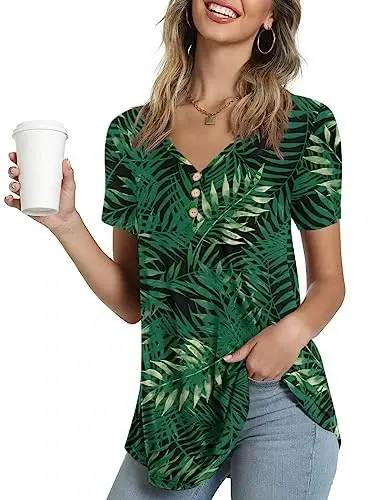 AWULIFFAN Womens Summer Short Sleeve Tunic Tops Loose Fit Casual T-Shirt Button Up Blouses - 1