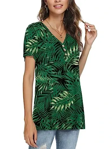 AWULIFFAN Womens Summer Short Sleeve Tunic Tops Loose Fit Casual T-Shirt Button Up Blouses - MODAZONE (1)