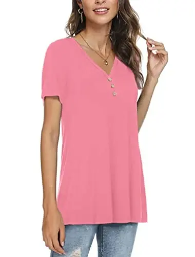 AWULIFFAN Womens Summer Short Sleeve Tunic Tops Loose Fit Casual T-Shirt Button Up Blouses - 2