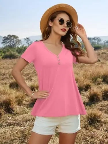 AWULIFFAN Womens Summer Short Sleeve Tunic Tops Loose Fit Casual T-Shirt Button Up Blouses - 6