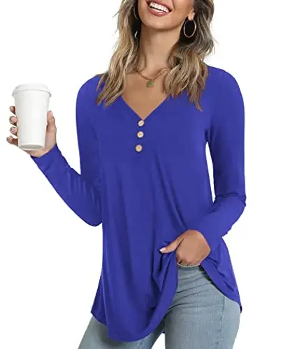 AWULIFFAN Womens Summer Short Sleeve Tunic Tops Loose Fit Casual T-Shirt Button Up Blouses - 1