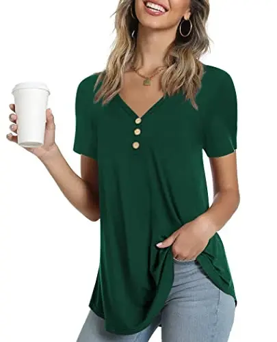 AWULIFFAN Womens Summer Short Sleeve Tunic Tops Loose Fit Casual T-Shirt Button Up Blouses - 1
