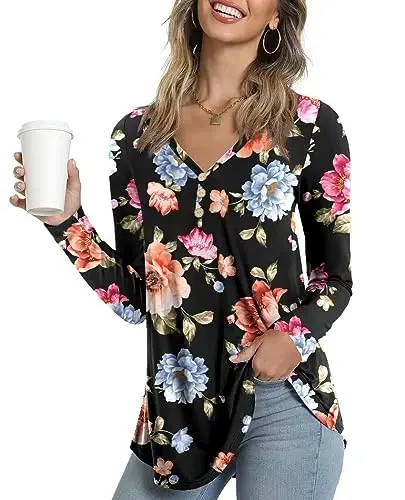 AWULIFFAN Womens Summer Short Sleeve Tunic Tops Loose Fit Casual T-Shirt Button Up Blouses - 1