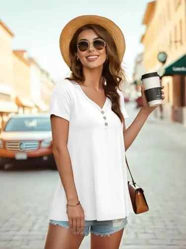 AWULIFFAN Womens Summer Short Sleeve Tunic Tops Loose Fit Casual T-Shirt Button Up Blouses - 4