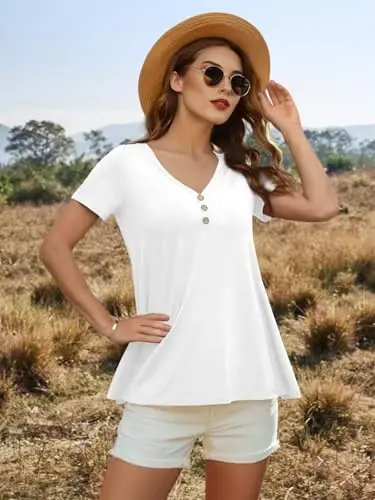 AWULIFFAN Womens Summer Short Sleeve Tunic Tops Loose Fit Casual T-Shirt Button Up Blouses - 6