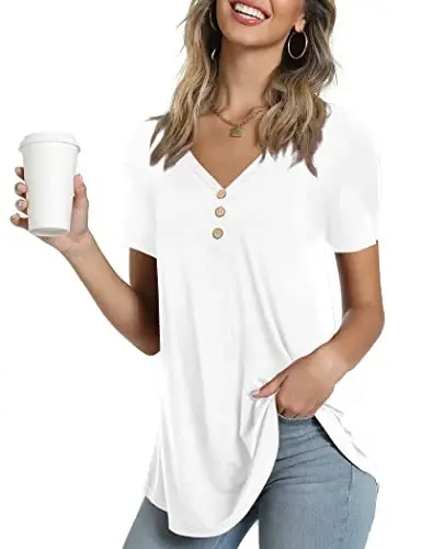 AWULIFFAN Womens Summer Short Sleeve Tunic Tops Loose Fit Casual T-Shirt Button Up Blouses - 1