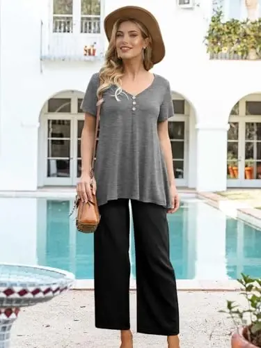 AWULIFFAN Womens Summer Short Sleeve Tunic Tops Loose Fit Casual T-Shirt Button Up Blouses - 5