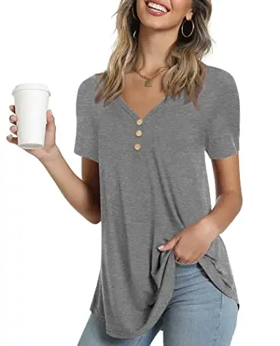 AWULIFFAN Womens Summer Short Sleeve Tunic Tops Loose Fit Casual T-Shirt Button Up Blouses - 1